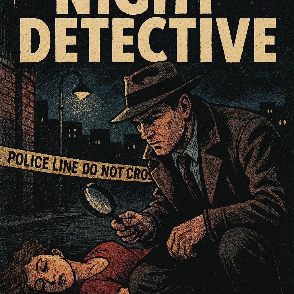 懸疑推理漫畫《暗夜偵探》封面，偵探在案發(fā)現(xiàn)場(chǎng)調(diào)查場(chǎng)景